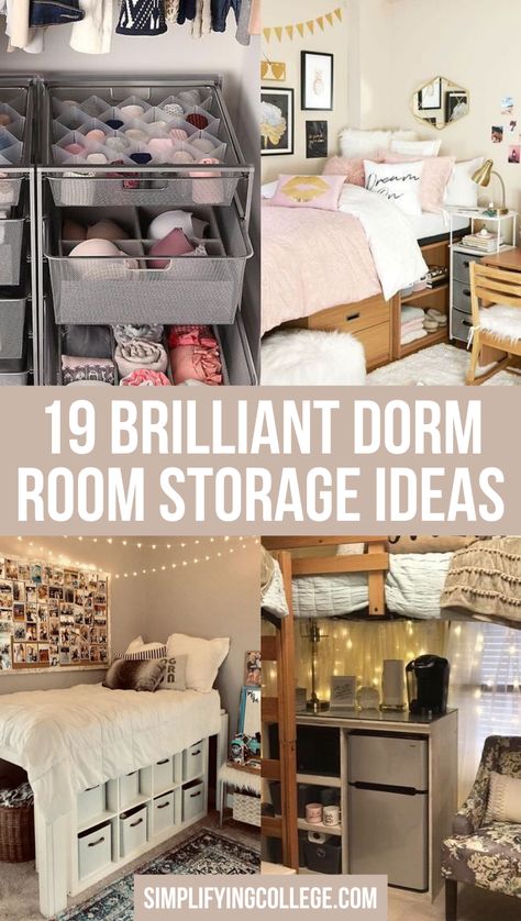 Dorm Room Clothes Organization, Storage For College Dorms, Dorm Room Snacks Grocery Lists, Dorm Room Neccesities, Dorm Room Picture Wall Ideas Cork Boards, Small Dorm Organization Ideas, Best Dorm Storage Ideas, College Dorm Shoe Storage, Triple Dorm Room Ideas College Students