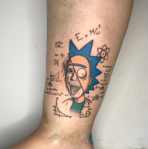 Einstein Tattoo Design, Clever Tattoos For Guys, Rick Tattoo Design, Rick Morty Tattoo, Einstein Tattoo, Rick Tattoo, Tattoo Alien, Rick And Morty Cartoon, Cartoons Tattoo