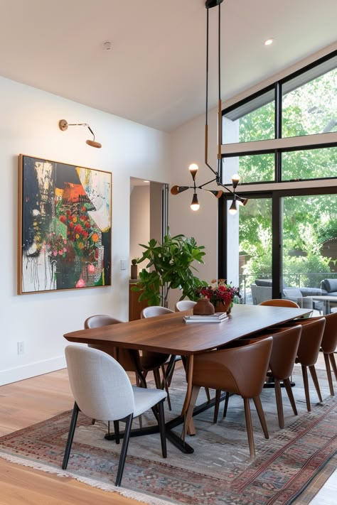 Dinning Room Ideas Mid Century Modern, Large Art In Dining Room, Mid Century Coastal Dining Room, Eat In Dining Room Ideas, Dinner Room Ideas Modern, Midcentury Modern Dining Room Ideas, Dining Room Kitchen Combo Layout, Mid Century Dining Room Lighting, Vintage Modern Dining Room