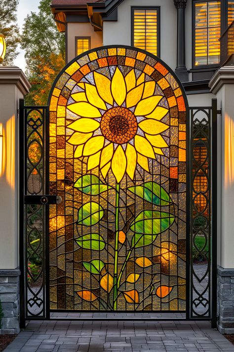 Uncover the practical benefits and timeless appeal of stained glass gates. From privacy to durability, see why these gates are a unique and valuable addition to any property. #HomeImprovement #StainedGlassArt #ElegantEntrances Stained Glass Gate, Stained Glass Artist, Cathedral Stained Glass Windows, Stain Glass Art, Stained Glass Garden Art, Stained Glass House, Future Interior Design, Window Glass Design, Storybook House