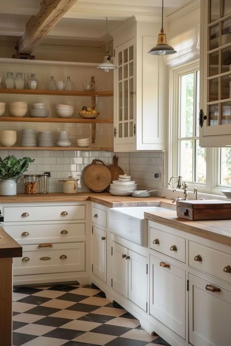 Farmhouse Kitchen Checkered Floor, Farmhouse Retro Kitchen, Classic Kitchen Tile, Magnolia Kitchen Ideas, Farmhouse Kitchen Flooring Ideas, Checkered Floor Kitchen, Modern French Country Kitchen, Farmhouse Kitchen Flooring, Country Kitchen Flooring