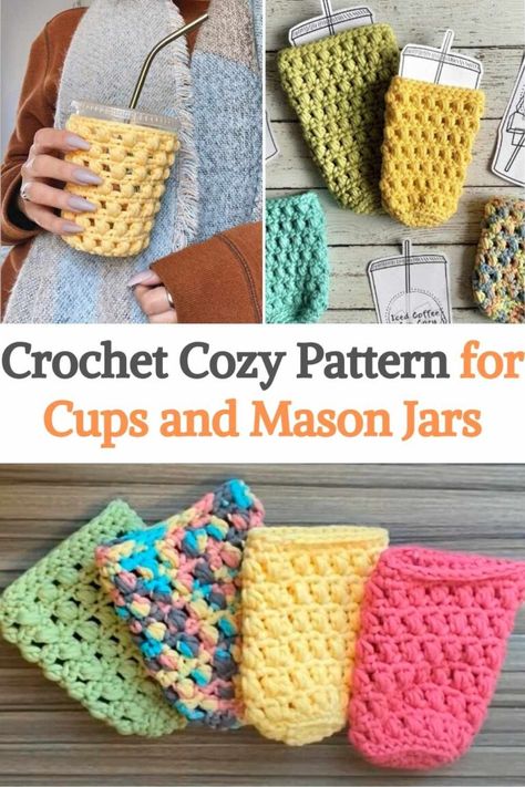 Learn how to crochet a cozy reusable (and machine washable) iced coffee to keep your drinks cold and your hands warm! This pattern fits in a standard 16 to 24 ounce iced coffee cup (like Dunkin' Donuts or Starbucks) and fits in mason jars too! For this crochet pattern, you will need the Bernat Maker Home Dec yarn, a 5.5 mm hook, a pair of scissors, and finally a small tapestry hook. This pattern is suitable for beginners! You should know that these stitches/abbreviations are used throughout... Crochet Mason Jar Sleeve, Home Dec Yarn Patterns, Crochet Drink Coozie, Crochet Cold Cup Cozy, Bernat Maker Home Dec Yarn, Cold Cup Cozy Crochet Pattern, Crochet Iced Coffee Cozy Pattern Free, Cozy Cup Crochet Pattern, Mason Jar Cozies Crochet