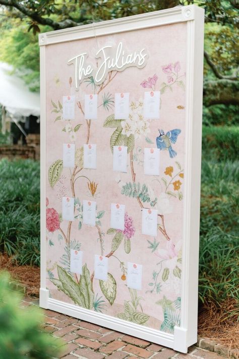 Whimsical pink wildflower seating chart wallpaper Room Divider Seating Chart, Dress For Wedding Reception, Wedding Seating Chart Display, Bas Mitzvah, Pink And Purple Wedding, William Aiken House Wedding, Wallpaper Wedding, William Aiken House, Diy Seating