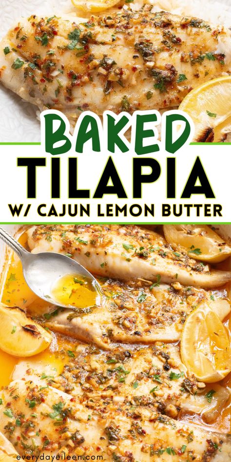 Cajun Lemon Butter Baked Tilapia is a delicious seafood dinner ready in about 15 minutes. The flaky fish is perfectly seasoned and baked in a Cajun lemon butter for an easy weeknight dinner. Perfect for a quick, easy fish dinner. Cajun Tilapia Baked, Baked Fish And Vegetables, Fish Recipes Tilapia Baked, Fresh Tilapia Recipes, Oven Baked Swai Fish Recipes, Cajun Tilapia Recipes, Easy Fish Meals, Tilapia Pasta Recipes, Broiled Tilapia Recipes