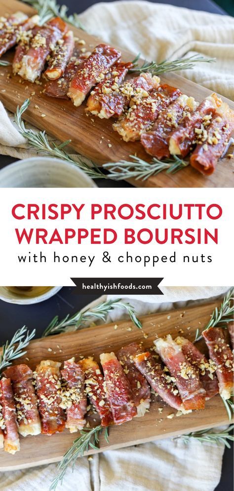 If you’re looking for the ultimate holiday appetizer, look no further. This Crispy Prosciutto Wrapped Boursin Cheese with Honey and Chopped Nuts is irresistible. Made from four ingredients, this prosciutto appetizer is easy to make yet has an elevated appearance and flavor profile. You only need 20 minutes to pull this boursin cheese appetizer together. Crispy Prosciutto Wrapped Boursin Cheese, Prosciutto Boursin Honey, Prosciutto Wrapped Boursin, Crispy Prosciutto Wrapped Boursin, Prosciutto Wrapped Boursin Cheese, Boursin And Prosciutto Appetizer, Boursin Prosciutto Phyllo Cups, Appetizer Recipes Prosciutto, Prosutto Appetizers