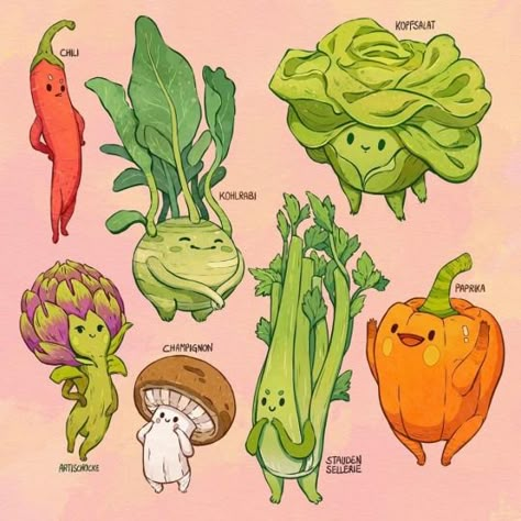 Plant Creatures, Frosch Illustration, Veggie Art, Vegetable Illustration, Creature Drawings, Food Drawing, Illustrations And Posters, Food Illustrations, Creature Design