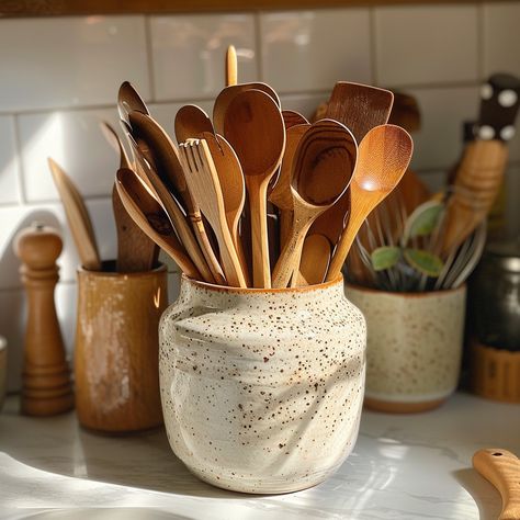 "Kitchen Utensil Collection: A #stylish #ceramic #holder filled with a #variety of #wooden #kitchen #tools on a #countertop. #utensils #aiart #aiphoto #stockcake ⬇️ Download and 📝 Prompt 👉 https://stockcake.com/i/kitchen-utensil-collection_350683_281070" Boho Kitchen Utensil Holder, Stoneware Utensil Holder, Ceramic Kitchen Utensils, Pottery Kitchen Utensil Holder, Aesthetic Kitchen Plates, Ceramic Kitchen Accessories, Wooden Kitchen Tools, Utinsel Holder Ideas Kitchen, Aesthetic Kitchen Utensils