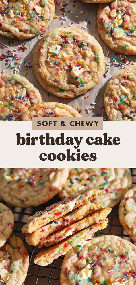 These soft and chewy birthday cake cookies are full of white chocolate and rainbow sprinkles. They're made with clear vanilla extract for that classic birthday cake flavour in cookie form! #cookies #birthdaycake | teakandthyme.com Xmas Baking Recipes, Easy Birthday Desserts, Classic Birthday Cake, Birthday Cake Cookies, Cookies Cinnamon, Cookies With White Chocolate, Cake Batter Cookies, Vegan Birthday Cake, Classic Birthday