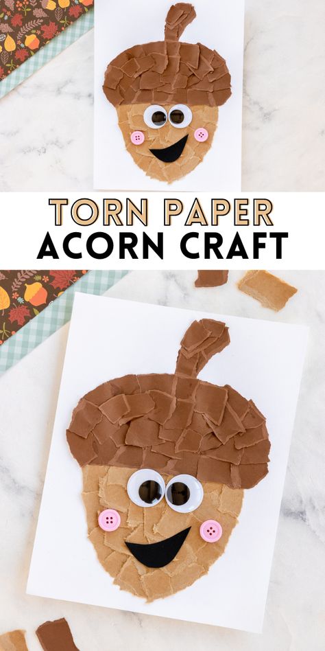 Fall Fun Preschool Crafts, Fun Prek Crafts, Torn Paper Acorn Craft, Fall Hanging Crafts Preschool, Elementary School Fall Crafts, Preschool Cardboard Crafts, November Crafts For Kindergarteners, Fall Ideas Activities For Kids, Pumpkin Art Ideas For Preschool