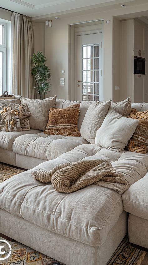 #homesweethome #homebyis #inredning #heminredningsdetaljer #home #bedroominspo #bedroomdecor #roominspiration #roomdecor #beautifulrooms Oversized Pillows Couch, Extra Deep Sofa Living Room, Textured Couch Living Room, Cozy Throw Blanket Couch, New Couch Aesthetic, Living Room With Chase Couch, Cozy Living Room Couch Ideas, New Couches Living Rooms, Large Living Room Couch Ideas