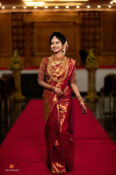 Kanchipuram Silk Saree Wedding Brides Indian Bridal Red, Maroon Bridal Saree South Indian, Red Kanchipuram Saree Bride, Kerala Silk Saree, Muhurtham Hairstyle, Muhurtham Saree, Red Bridal Saree, Bride Stills, Marriage Saree