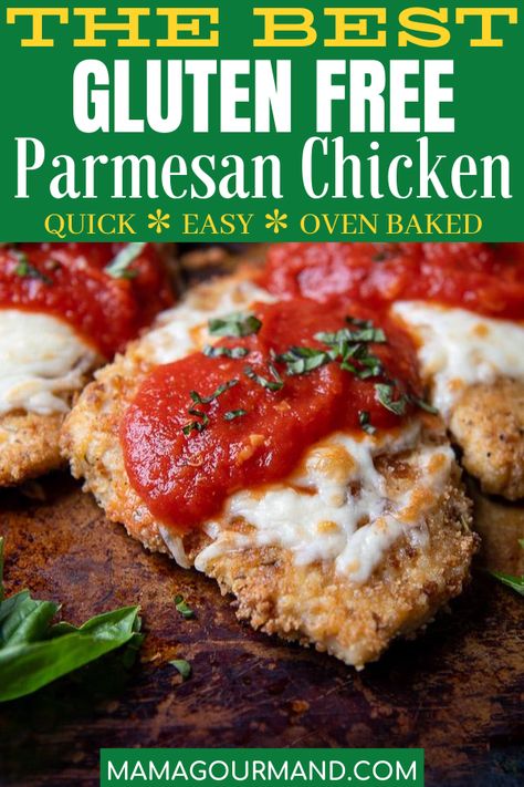 Enjoy crispy, oven baked Gluten Free Parmesan Chicken that tastes even better than the original! This easy parmesan crusted chicken recipe comes together in less than 30 minutes using affordable and simple ingredients! #parmesanchicken #glutenfree #baked #easy #healthy #oven #almondflour #airfryer Gluten Free Chicken Parm, Gluten Free Chicken Parmesan, Gluten Free Baked Chicken, Easy Parmesan Crusted Chicken, Baked Chicken Parm, Best Chicken Parmesan, Gluten Free Family Meals, Gf Dinners, Parmesan Crusted Chicken Recipe