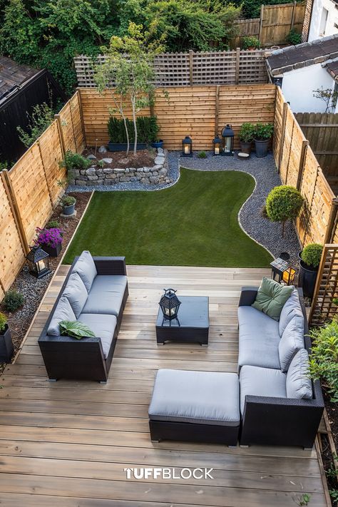 small yard with deck, yard, outdoor furniture, lush grass with curved stone garden bed Decking Designs Layout, Front Yard Decking, Backyard Decks Ideas, Deck Small Backyard, Deck On The Ground, Small Yard Design Ideas, Tuffblock Deck, Decking Ideas Garden, Narrow Deck