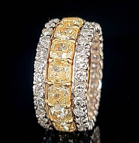 A gorgeous Brand New, 18k yellow gold & platinum ETERNITY BAND,  set with 16 well matched radiant cut diamonds.Approximate 9.16 carat total DIAMOND weight.  Color: Fancy intense yellow diamonds Clarity: SI1 Brilliant and very clean, full of fire and sparkle Cut: Very good - All diamonds are natural, not enhanced set side natural white diamonds 1.68ct H-VS Size 7 Retail Value: $55,000.00 A Certificate of Appraisal will accompany the band. Luxury Half Eternity Band Fine Jewelry, Luxury Yellow Diamond Wedding Ring, Luxury Yellow Baguette Cut Jewelry, Hand Ring Design, Yellow Diamond Wedding Rings, Eternity Band Set, Diamond Eternity Bands, Gold Eternity Band, Yellow Diamond Ring