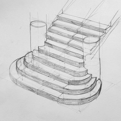 How to draw convex stairs in perspective, new tutorial https://youtu.be/N7eOcRy7isU?si=GJiRqgeNOj2gkjoc How To Draw Stairs Perspective, How To Draw Stairs Step By Step, Stairs Plan Drawing, Staircase Sketch, Stairs Perspective, Drawing Stairs, Stairs Drawing, Draw Landscape, How To Draw Stairs