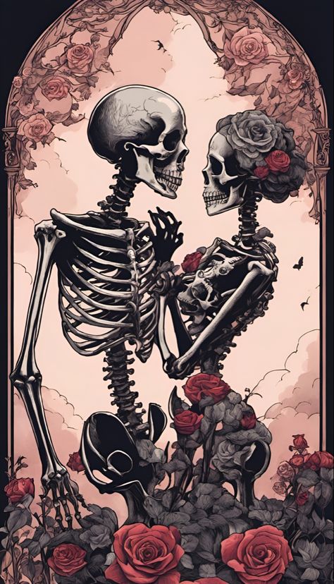 Tattoo art style drawing of two skeletons in love, hugging and covered in roses Icona Ios, Skeleton Love, Goth Tattoo, Skull Pictures, Collage Pictures, Skull Artwork, Skeleton Art, Skull Wallpaper, Tarot Art