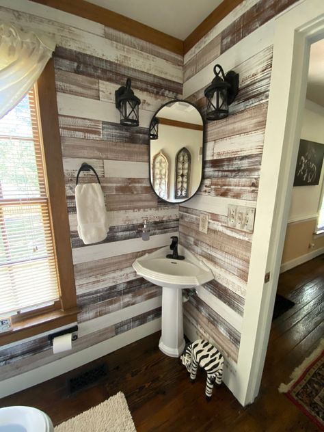 Mountain Cabin Shiplap in Farmhouse Bathroom Tin Bathroom Ideas, Singlewide Mobile Home Ideas, Outhouse Bathroom Decor, Shiplap Bathroom Wall, Lottery Dream Home, Diy Pallet Wall, Shiplap Bathroom, Painting Wood Paneling, Little Farmhouse