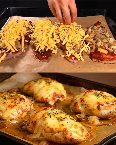 Baked Chicken With Mushrooms, Creamy Chicken Spaghetti Recipe, Macaroni Soup Recipes, Baked Chicken And Mushrooms, Chicken Fillet Recipes, Fillet Recipes, Cheesy Baked Chicken, Chicken With Mushrooms, Chicken Fillets