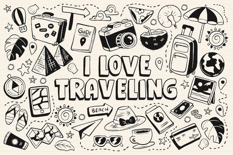 Free vector collection of travel monochr... | Free Vector #Freepik #freevector #assortment #collection #hand-drawn #doodle Paperang Printable, Mirror Drawing Ideas, Space Travel Illustration, Travel Book Cover, Icon Doodles, Travel Doodle, Mirror Drawing, Canva Inspiration, Brazil Trip