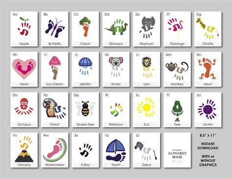 Kids Handprint & Footprint Alphabet 2 ways to have fun, with the premade graphics or DIY them yourself! Fun for all ages! Enjoy quality time with your little ones while creating memories with this handprint and footprint alphabet bundle! Perfect for at home or school or just something to do on a rainy day!  *No physical product will be shipped, this is a digital downloadable art print. 8.5 inches by 11 inches High resolution files. Now go on and enjoy the fun with your little ones! Less Alphabet Hand Print Art, Footprint Alphabet Art, Hand Print Alphabet Book, Letter G Handprint Craft, Alphabet Footprint Art, I Handprint Craft, Abc Handprint Art Alphabet Book, August Handprint Art, Footprint Alphabet