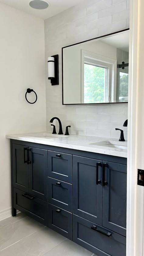 Navy Vanity Black Hardware, Navy Blue Vanity, Black Faucets, Black Faucet Bathroom, Tile Accent Wall, Navy Bathroom, Blue Bathroom Vanity, Black Vanity Bathroom