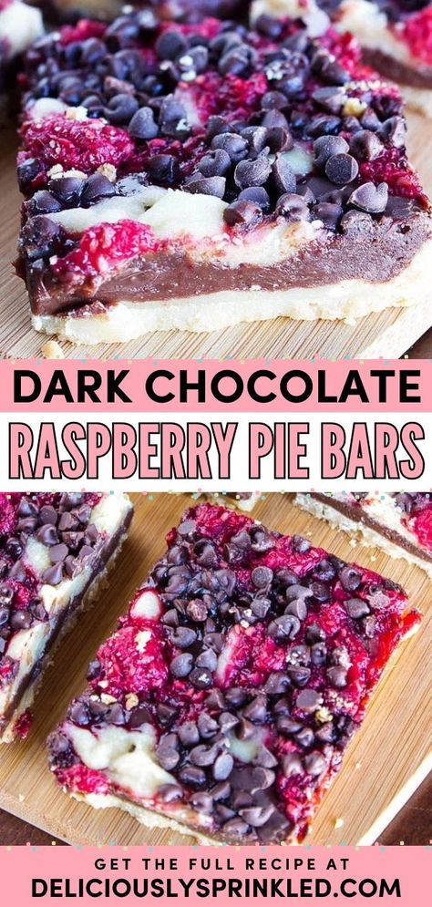 Sink your teeth into these Dark Chocolate Raspberry Pie Bars! Made with fresh raspberries and chocolate chips, this dessert bar recipe will become a year-round favorite. Feel free to change up this easy-to-make sweet treat! Chocolate Raspberry Pie Bars, Dark Chocolate Raspberry Bars, Chocolate And Fruit Desserts, Raspberry Chocolate Bars, Chocolate And Raspberry Desserts, Dark Chocolate Raspberry Pie Bars, Crumble Pie Crust, Berries Dessert Recipes, Easy Raspberry Desserts