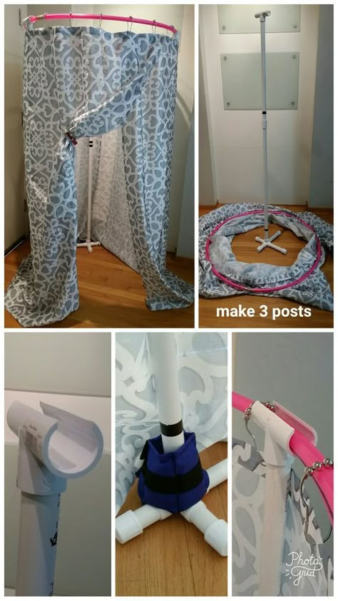 DIY free-standing changing tent for dance using Hula hoop, PVC pipe, fittings and shower curtain. . 2 shower curtains . 3 5-way 3/4" PVC cross fitting by FORMUFIT (I got them from Amazon) . Some 3/4" PVC pipes (depends on how tall you want it to be) . 3 Dura Plastics snap tee, 3/4 to 3/4 (I got mine at OSH) .12 3/4" end caps. For easy storage and carry around, I chopped the PVC in half and used coupling to connect them back when in use. Camping Toilet Tent, Portable Dressing Room, 1000 Lifehacks, Toilet Tent, Zelt Camping, Pvc Pipe Projects, Camping Diy, Camping Toilet, Pvc Projects