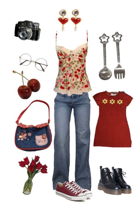 White Shirt Red Shoes Outfit, Flowery Aesthetics Outfit, 2000s Fashion Outfits Red, Cute Outfit Ideas Layout, Applecore Outfit, Red Head Outfits, Strawberry Shortcake Outfits, Flowery Outfits, Red Coquette