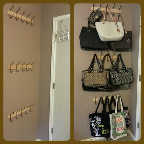 Each rack $7.99. Purse rack on a budget. Best $24 ever spent. Apartment Closet Organization, Purse Rack, Organiser Son Dressing, Purse Storage, Handbag Storage, Closet Remodel, Purse Organizer, Closet Makeover, Diy Closet