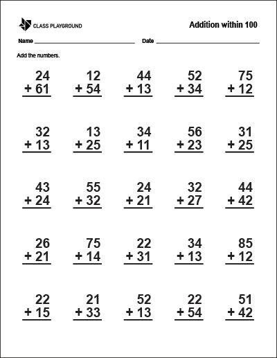 Printable Addition Within 100 Worksheet Addition With Regrouping Worksheets, Easy Math Worksheets, Kindergarten Math Worksheets Addition, Mental Maths Worksheets, Addition Worksheet, Adding Numbers, Math Addition Worksheets, First Grade Math Worksheets, Mathematics Worksheets