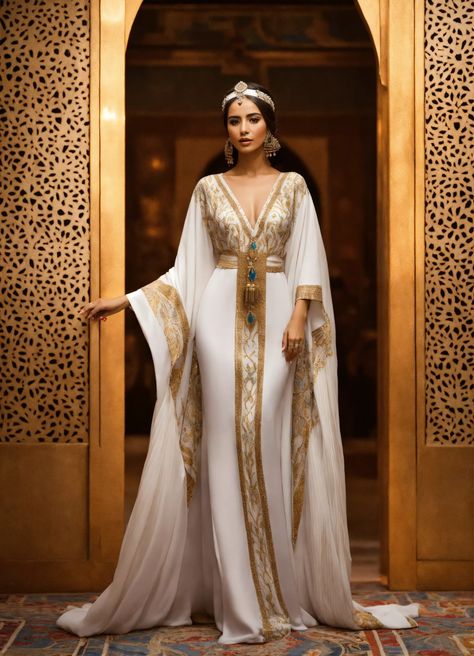 Traditional Egyptian Dress, Egyptian Goddess Dress, White Haute Couture, Egypt Inspiration, Egyptian Dress, Kaftan Style Dresses, Egyptian Fashion, Klimt Art, Egyptian Women