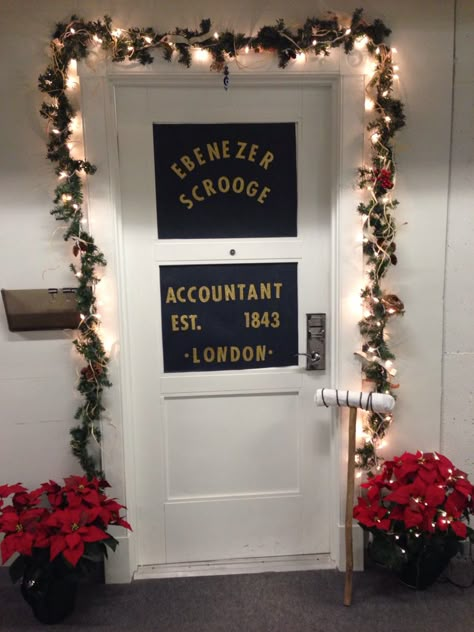 Scrooge, A Christmas Carol, Door Decorations Bah Humbug Decorations, A Christmas Carol Decorations Classroom, Scrooge Door Decorations, A Christmas Carol Door Decorations, Christmas Carol Decorations, Office Door Christmas Decorations Ideas, Christmas Carol Party, Christmas Office Door, A Christmas Carol Themes