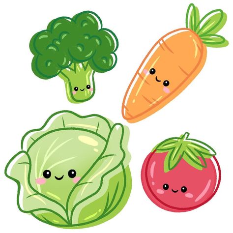 Vegetables Cute Drawing, Cute Vegetables Cartoon, Cute Fruit And Vegetables Illustration, Kawaii Vegetables Drawing, Cute Veggie Drawings, How To Draw Broccoli, Cartoon Fruit Drawing, Cute Vegetables Drawing, Fruit To Draw