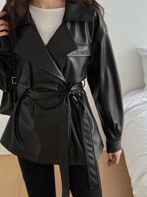 Women's Spring Regular Fit Bomber Jacket With Belt Closure, Turndown Collar, PU Leather Black Casual  Wrist-Length Sleeve PU Leather Plain Other Non-Stretch  Women Clothing, size features are:Bust: ,Length: ,Sleeve Length: Turndown Collar, Outerwear Women, Women Clothing, Coats For Women, Pu Leather, Bomber Jacket, Length Sleeve, Sleeve Length, Clothes For Women