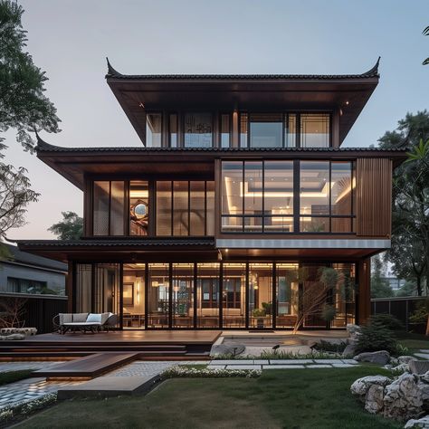 A modern Chinese-style house with large windows and a wooden deck overlooking a peaceful backyard Chinese Style House Design, Chinese Exterior Design, Japanese Houses Modern, Asian Architecture Modern, Modern Contemporary Mansion, Japanese Modern Architecture, Deck In Backyard, Modern Chinese Architecture, Chinese Style House