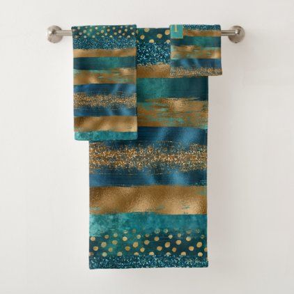 Teal and gold brush strokes and monogram bath bath towel set Gold Towels, Images Of Bathrooms, Teal Bathroom Accessories, Monogrammed Bath Towels, Teal Bathroom, Towel Design, Custom Towel, Bathroom Shop, Homes Decor