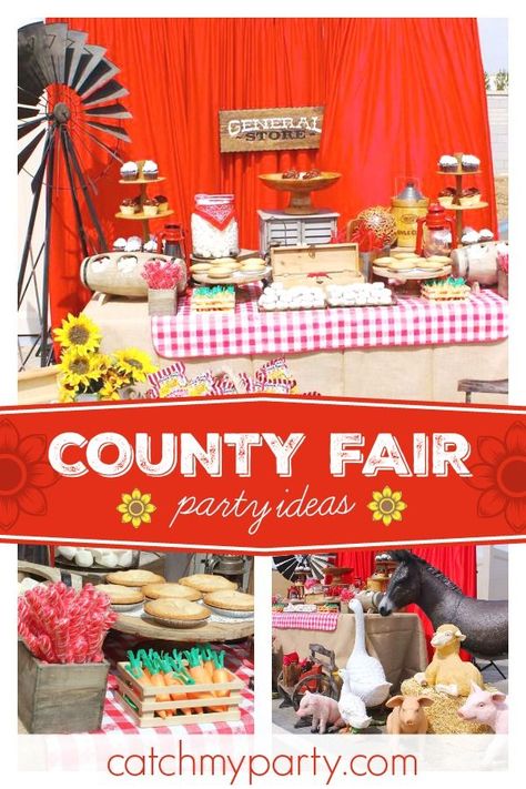 Check out this fun rustic county fair party! The decor is awesome!! See more party ideas and share yours at CatchMyParty.com #catchmyparty #partyideas #countyfair #rustic #countfairparty Diy County Fair Decorations, County Fair Themed Party, Country Fair Decorations, County Fair Theme Decorations, County Fair Centerpieces, State Fair Party Decorations, State Fair Party Ideas, Fair Decorations Ideas, Country Fair Party Theme