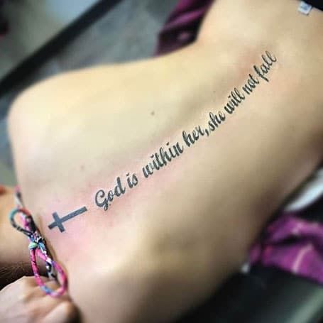 200 Best Tattoo Ideas For Women Religious Tattoos Quotes, Tattoo Down Spine, Christian Cross Tattoos, Spine Tattoo Quotes, Girl Spine Tattoos, Back Tattoo Women Spine, Scripture Tattoos, Tattoos Cross, Tattoo Ideas Back