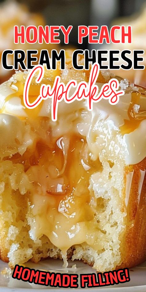 Honey Peach Cream Cheese Cupcakes Cobbler Cupcakes, Peach Cobbler Cupcakes, Gourmet Cupcake Recipes, Cream Cheese Homemade, Peaches Cream Cheese, Peach Cupcakes, Cream Cheese Cupcakes, Cheesecake Bites Recipe, Peach Dessert Recipes