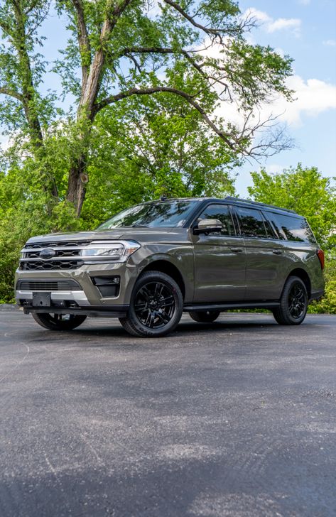 Custom 2024 Ford Expedition SUV in Wild Green with accessories like a vinyl wrap, black rims, and chrome delete emblems. Accent Car, Ford Suv, Full Size Suv, Vinyl Roofing, Lincoln Aviator, New Suv, Ford Excursion, Cars Luxury, Suv Cars