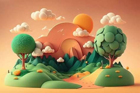 3d Art Landscape, Cute Animation Background, Nature 3d Art, 3 D Illustration, 3d Art Styles, Illustration 3d Design, 3d Animation Background, Earth Day Illustration, Cute 3d Art