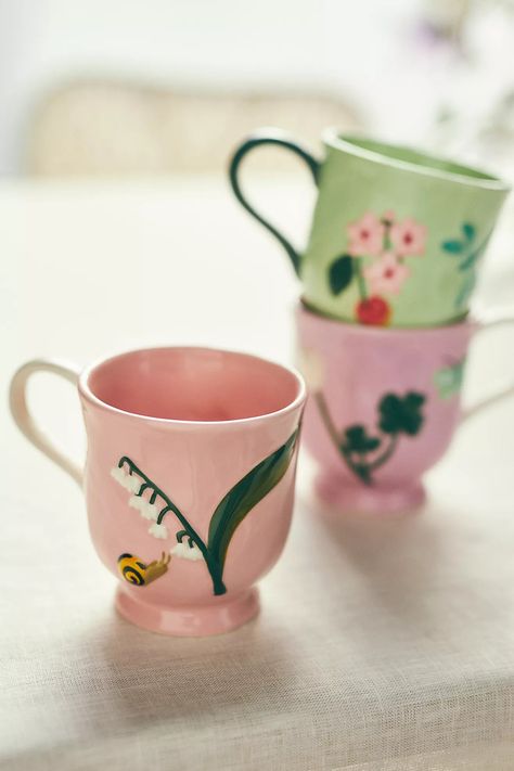 Faye Mug | Anthropologie Detailed Pottery Painting, Christmas Mugs Ceramic, Anthropologie Dishes, Ceramic Cup Ideas, Strawberry Christmas, Whimsy Cottage, Anthropologie Mugs, Cute Tea Cups, Spring Illustration