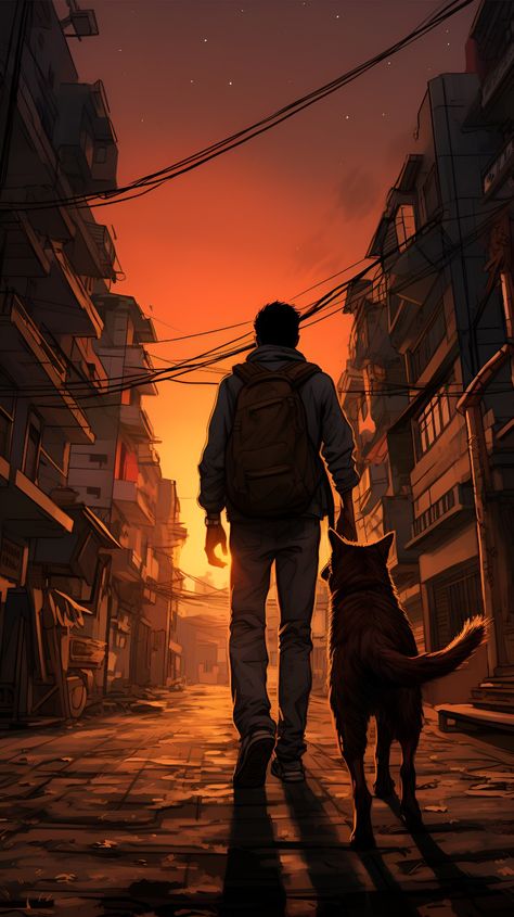 A Man And His Dog, Pose Reference Walking, Dog Walking Poster, Tattoo Peito, Side View Drawing, Boy And His Dog, Post Apocalyptic Art, Boy Walking, Street Tattoo