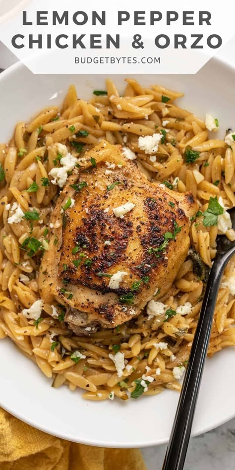 Lemon Pepper Chicken with Orzo is a zesty one-pot meal featuring juicy chicken thighs, orzo, feta, and lemon pepper for tons of flavor! BudgetBytes.com Cheaper Dinner Ideas, Lemon Pepper Chicken With Orzo, Lemon Garlic Chicken Orzo, Lemon Peper Chicken, Lemon Pepper Chicken Recipes, Lemon Pepper Recipes, Lemon Pepper Chicken Pasta, Aldi Dinners, Orzo Feta