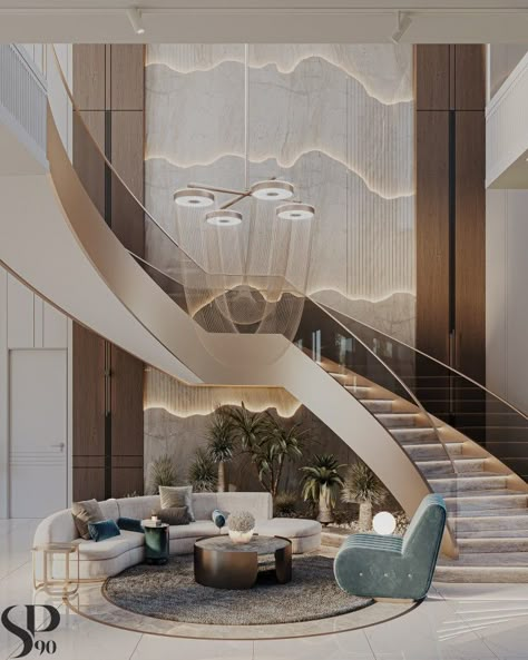 Double Height Staircase Design, Double Height Living Room With Staircase, Double Height Stairs, Stair Case Wall Designs, Double Height Staircase Wall Design, Double Height Staircase, Steel Staircase Design, Modern Luxury Staircase, Stair Wall Design