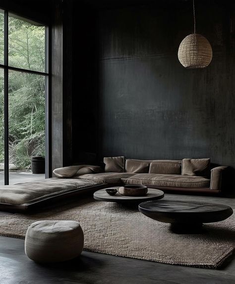 Dark Japandi Interiors, Wabi Sabi Home Interior Design, Dark Modern Interior, Moody Master, Wabi Sabi Bedroom, Wabi Sabi Living Room, Dark Interior Design, Moody Living Room, Wabi Sabi Interior