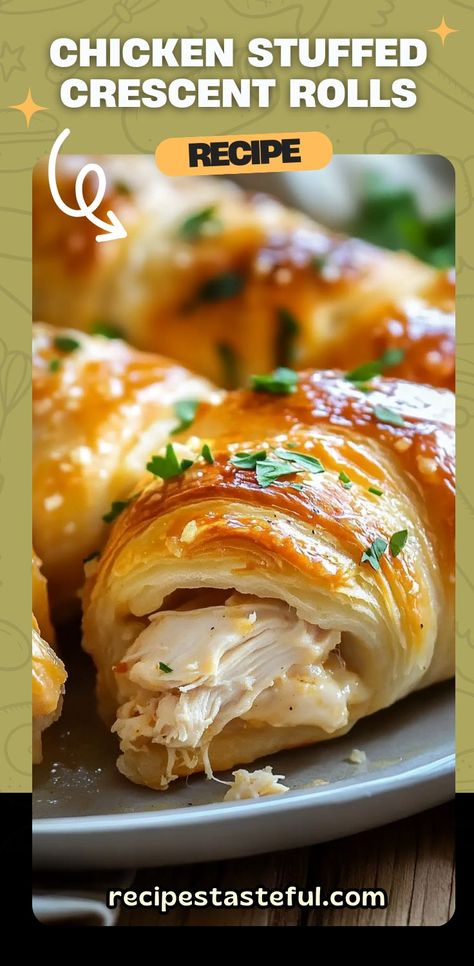 These Chicken Stuffed Crescent Rolls are a deliciously easy meal or appetizer that’s perfect for busy nights or casual gatherings. The tender crescent rolls are filled with a creamy, savory chicken Alfredo mixture, and topped with melted mozzarella and Parmesan for an irresistible bite. With just a handful of ingredients, you can whip up these cheesy, comforting stuffed rolls in no time! #ChickenStuffedCrescentRolls #CrescentRollRecipes #ChickenAlfredo #EasyDinner #ComfortFood #Appetizer Stuffed Crossiant Recipes Dinners, Healthy Recipes With Crescent Rolls, Chicken With Croissants Crescent Rolls, Canned Chicken Roll Ups, Crescent And Chicken Roll Ups, Easy Chicken Crescent Roll Recipes, Croissant Chicken Roll Ups, Rotisserie Chicken Roll Ups, Cresent Roll Ring Appetizer Recipes