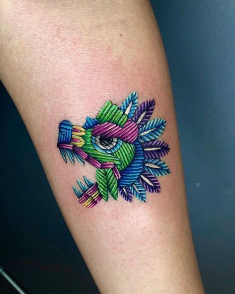 colorful-embroidery-tattoo-alicia_casale Mexican Embroidery Tattoo, Embroidery Tattoo Ideas, Embroidery Tattoos, Quetzalcoatl Tattoo, Cross Stitch Tattoo, Tattoos Dragon, Mexican Tattoo, Mexican Art Tattoos, Stitch Tattoo