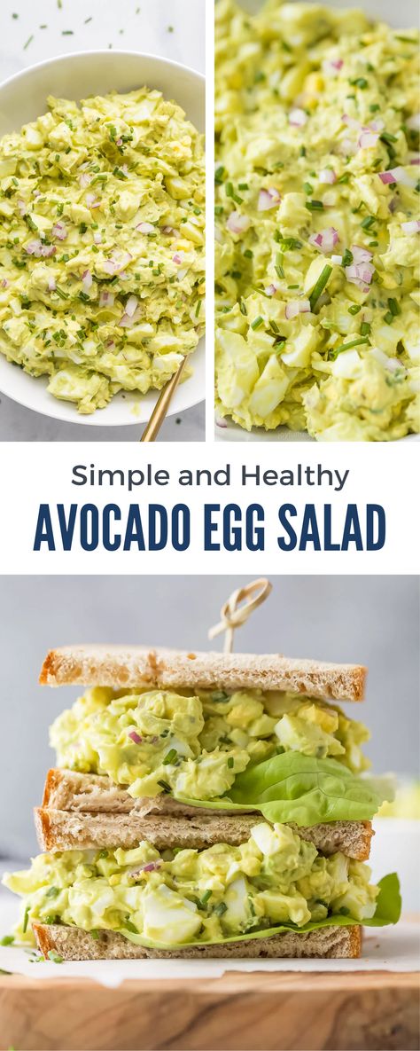 Stop guessing what's in your deli egg salad sandwich! This fast and fresh Creamy Avocado Egg Salad is a healthier alternative to traditional egg salad because there’s minimal mayo and tons of flavor from dijon mustard, lemon juice, red onions, and fresh herbs. Perfect for breakfast or lunch. Save this recipe for later! Sandwich With Avocado And Egg, Egg Avocado Salad Recipe, Egg White Lunch Ideas, Avocado Egg Salad No Mayo, Egg Salad Without Mayonnaise, Avocado Egg Salad Recipe Healthy, Egg Salad Recipe With Avocado, Egg Salad Low Calorie, Healthy Avocado Egg Salad