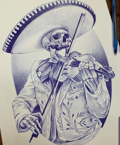 Mariachi Skull Tattoo Design, Mariachi Tattoo Skeletons, Mexican Mariachi Tattoo, Castaway Tattoo, Skeleton Mariachi Tattoo, Mariachi Drawing, Charro Tattoo Design, Skull Mariachi, Mariachi Tattoo